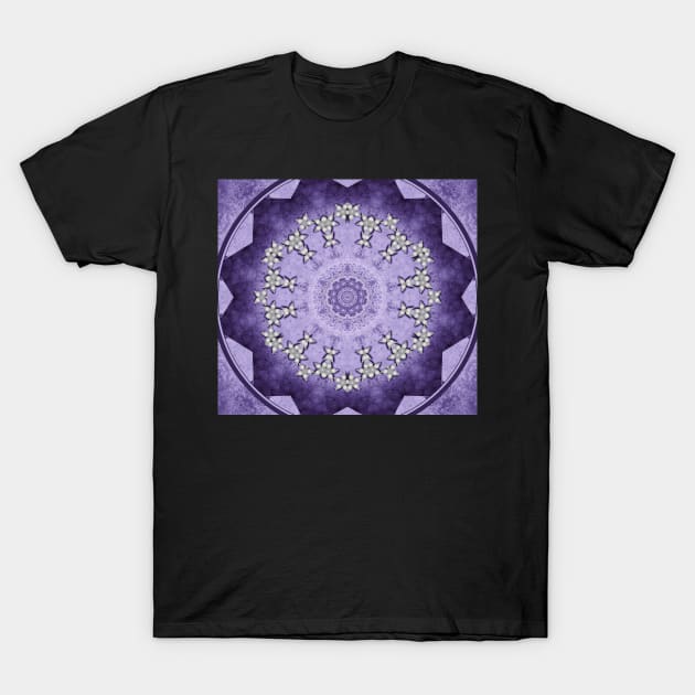 Silver flowers on deep purple textured mandala disc T-Shirt by hereswendy